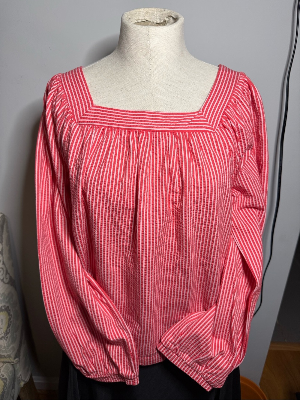 J. Crew Pink and White Striped Square-Neck Blouse